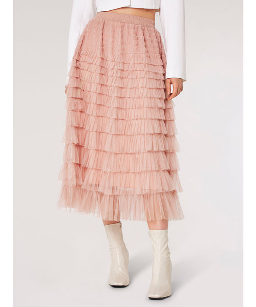 Tulle Layered Midi Skirt - Pink