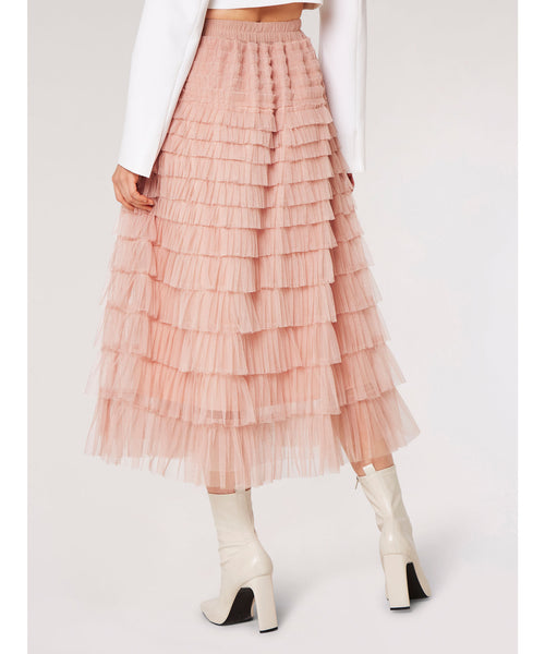 Tulle Layered Midi Skirt - Pink