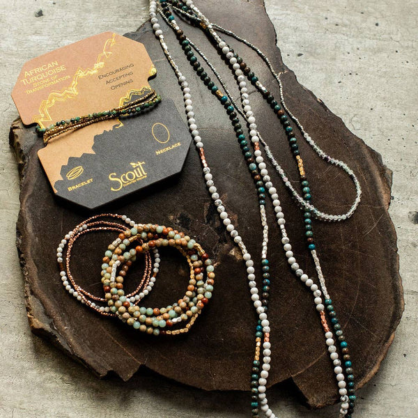 Stone Wrap Bracelet/Necklace: Turquoise/gold - Stone of the Sky