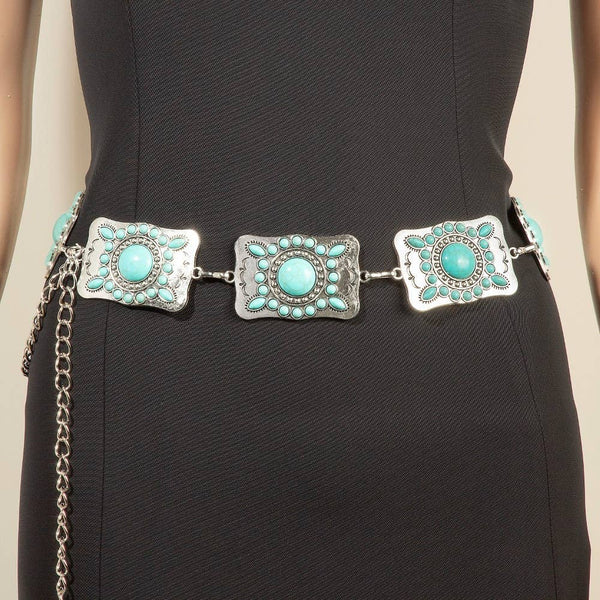 Dutton Turquoise Studded Rectangle Concho Chain Belt - Silver