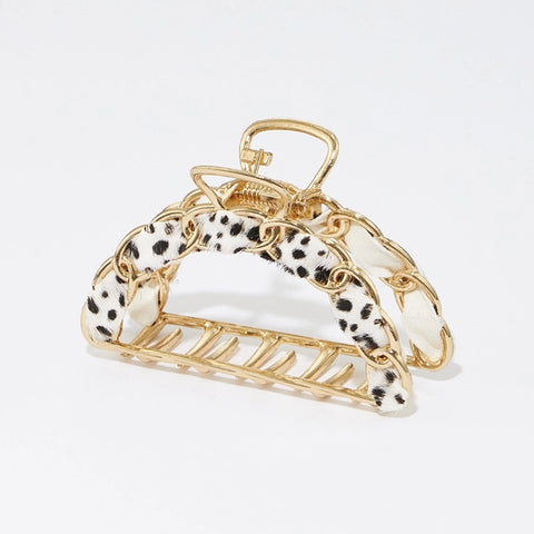 Animal Print Leather Link Chain Claw Clip - Ivory