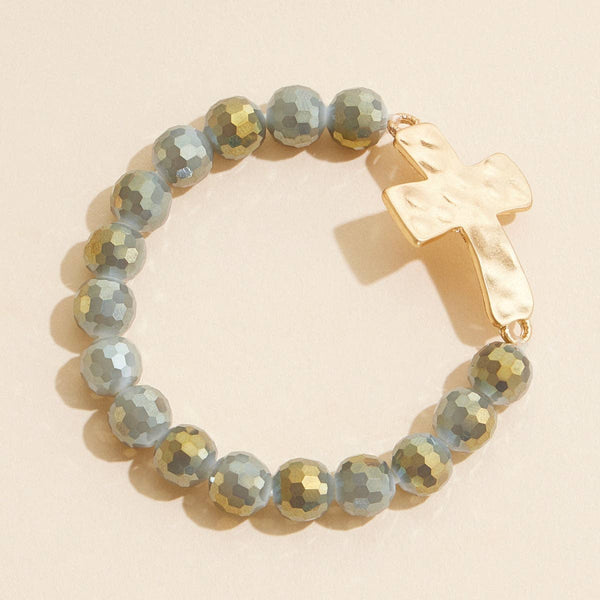 Glass Beaded Bracelet w/Chunky Cross  - Gray