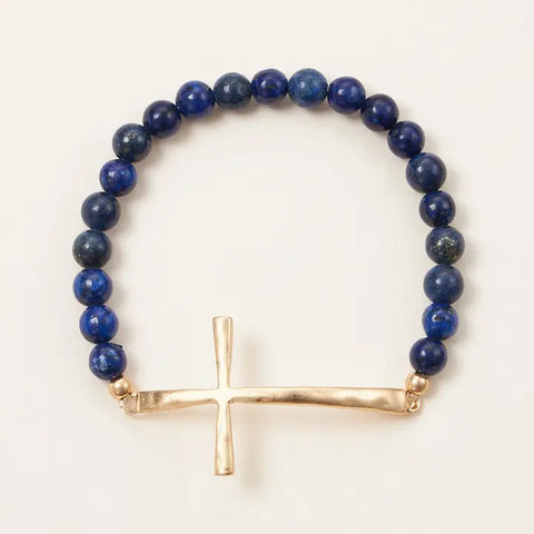 Metal Cross & Stone Stretch Bracelet - Blue