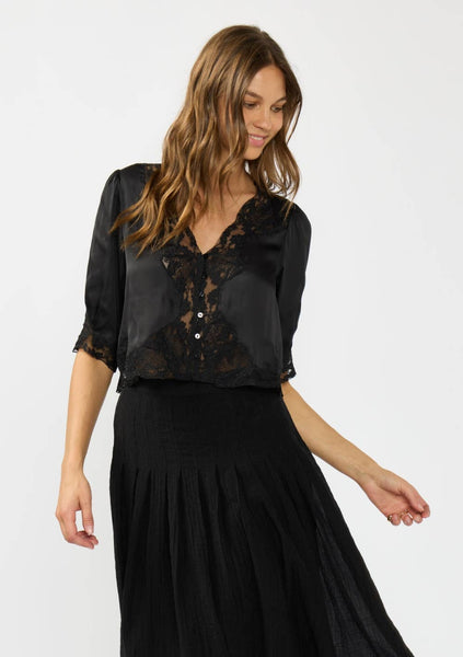 Shari Button Front Blouse with Lace Trim - Black