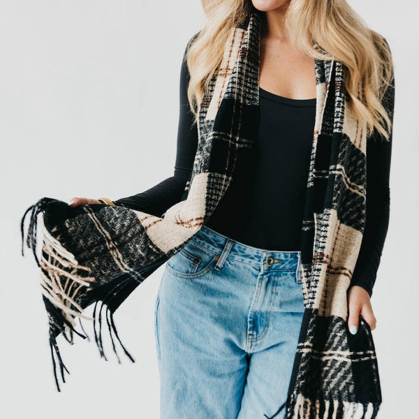 Penny Plaid Fringe Scarf - Black