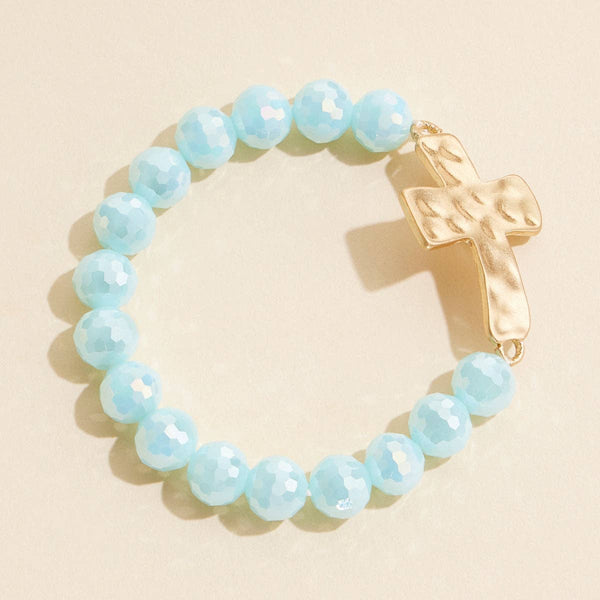 Glass Beaded Bracelet w/Chunky Cross  - Mint