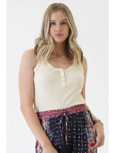 Lace Trim Ribbed Tank Top - Ivory