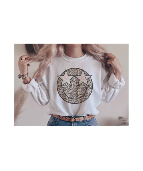 Starry Eyed Leopard Smiley Face Graphic Sweatshirt