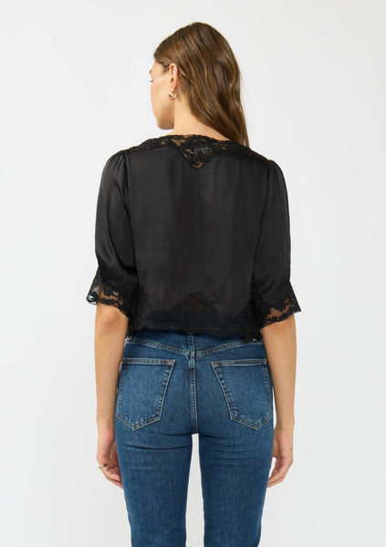 Shari Button Front Blouse with Lace Trim - Black