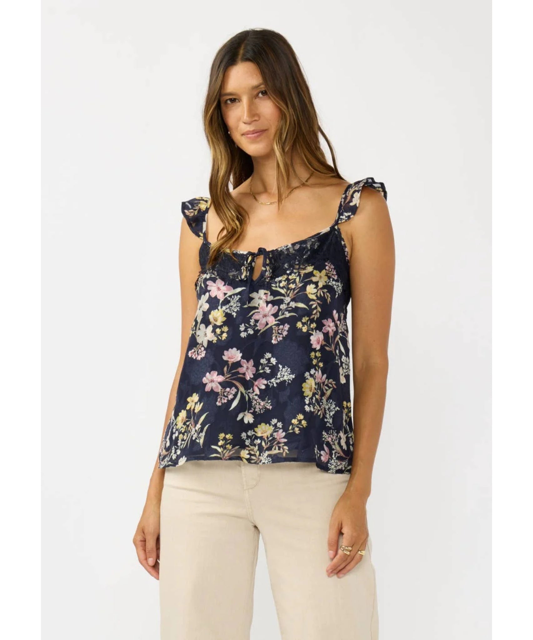 Noe Ruffle Strap Lace Trim Tank