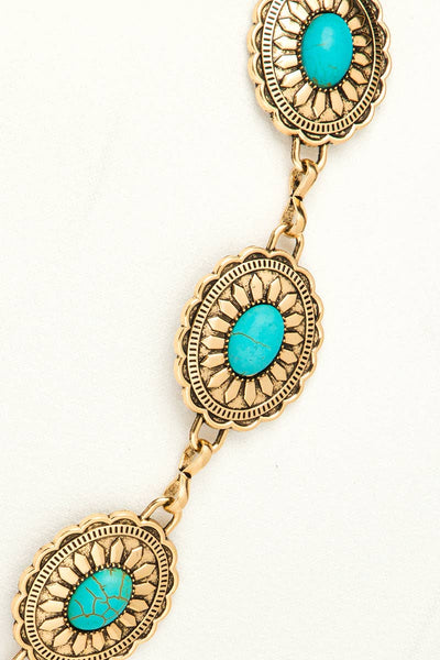Floral Turquoise Concho Disc Chain Belt - Gold