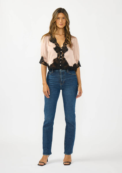 Shari Button Front Blouse with Lace Trim - Champagne