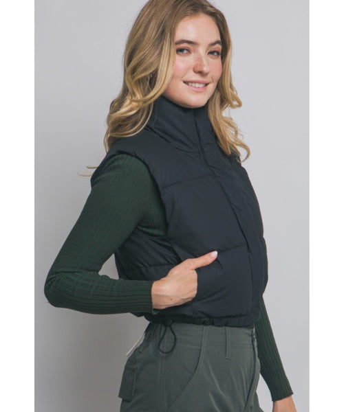 Cropped Puffer Vest - Black