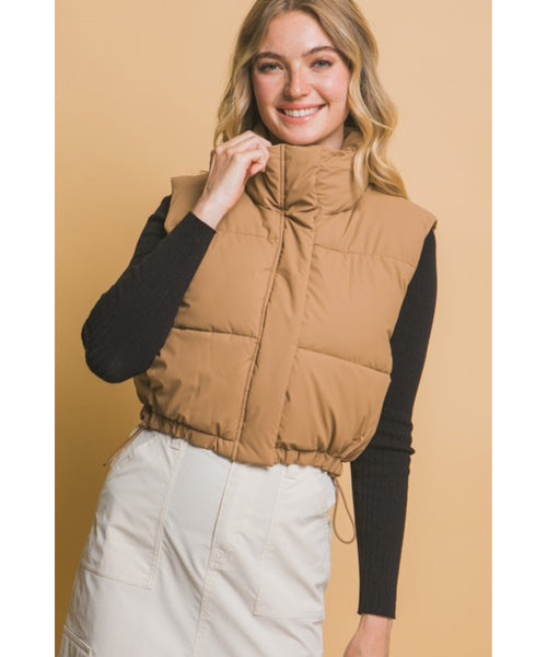 Cropped Puffer Vest - Camel
