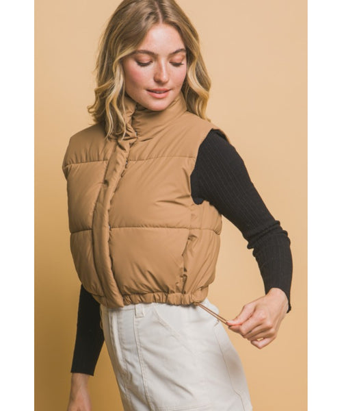 Cropped Puffer Vest - Camel