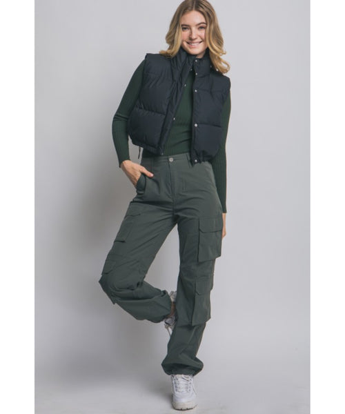 Cropped Puffer Vest - Black