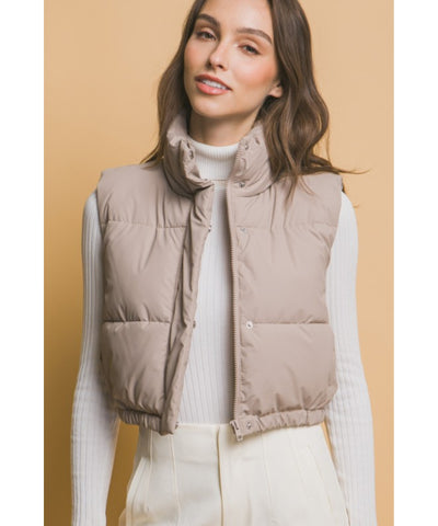 Cropped Puffer Vest - Taupe
