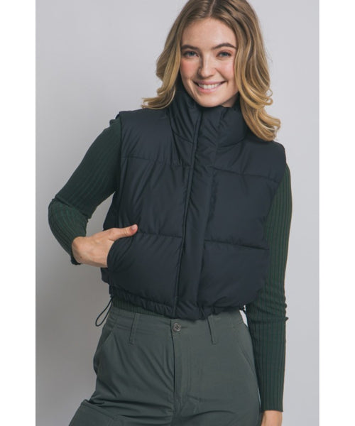 Cropped Puffer Vest - Black