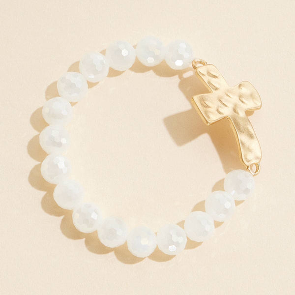 Glass Beaded Bracelet w/Chunky Cross  - White