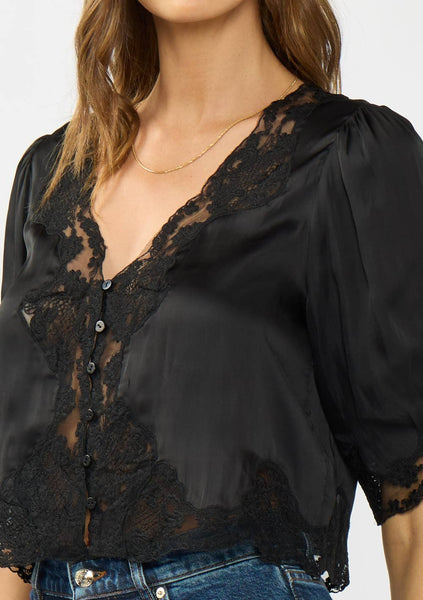 Shari Button Front Blouse with Lace Trim - Black