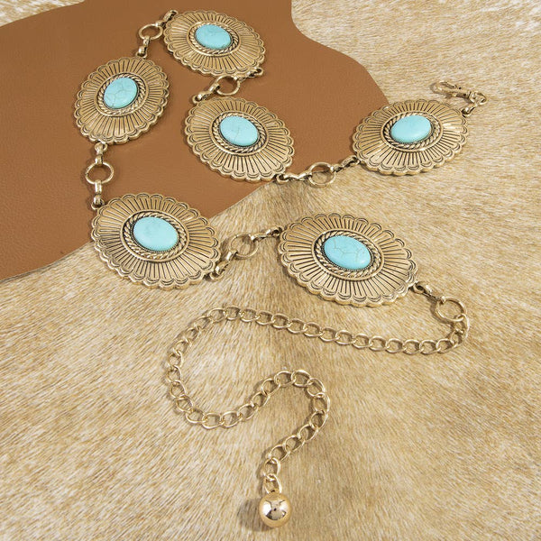 Sunburst Turquoise Concho Wide Chain Belt - Gold