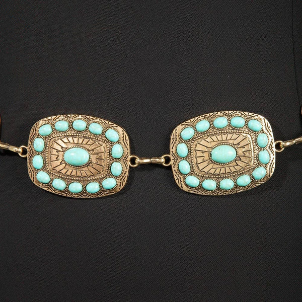 Western Turquoise Round Studded Rectangle Concho Chain Belt - Gold