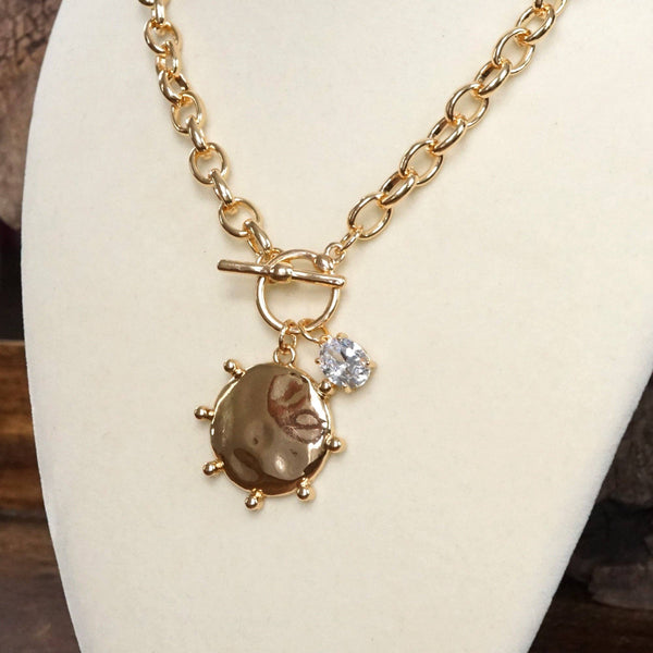 Toggle Hammered Coin & Crystal Charm Necklace