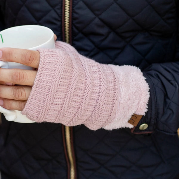 CC Beanie Fingerless Sherpa Lined Gloves - Light Grey