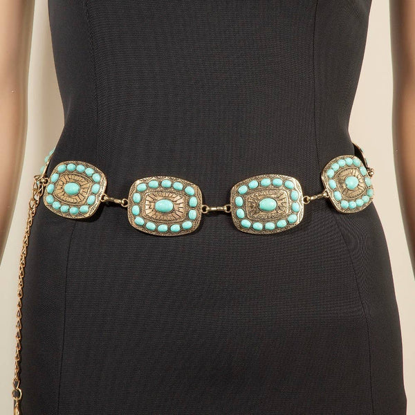Western Turquoise Round Studded Rectangle Concho Chain Belt - Gold