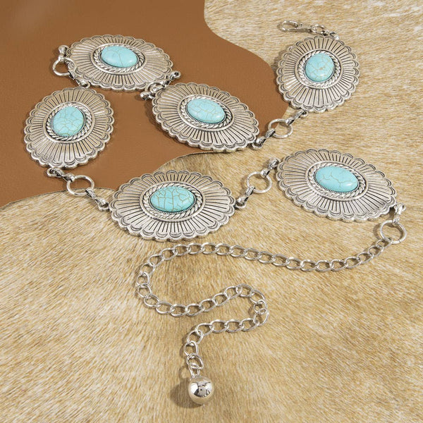 Sunburst Turquoise Concho Wide Chain Belt - Silver