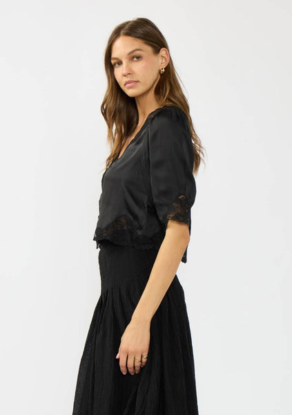 Shari Button Front Blouse with Lace Trim - Black
