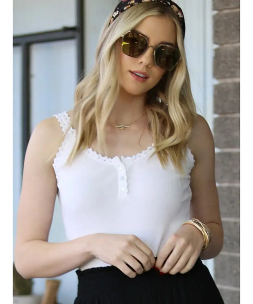 Lace Trim Ribbed Tank Top - White
