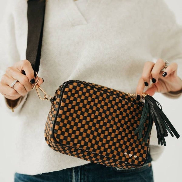 Woven Willow Camera Crossbody Bag - Checkered Coffee