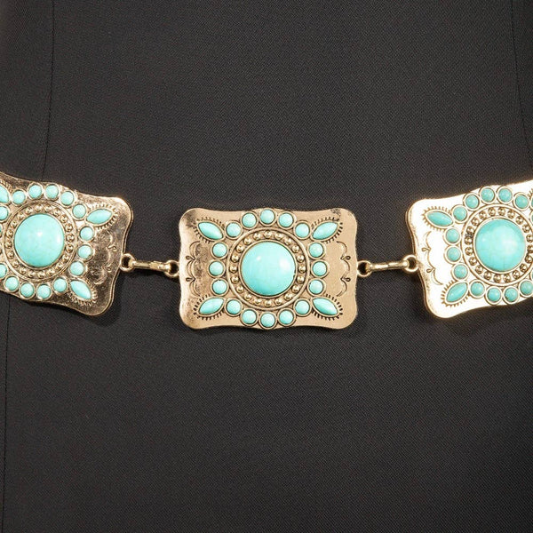 Dutton Turquoise Studded Rectangle Concho Chain Belt - Gold
