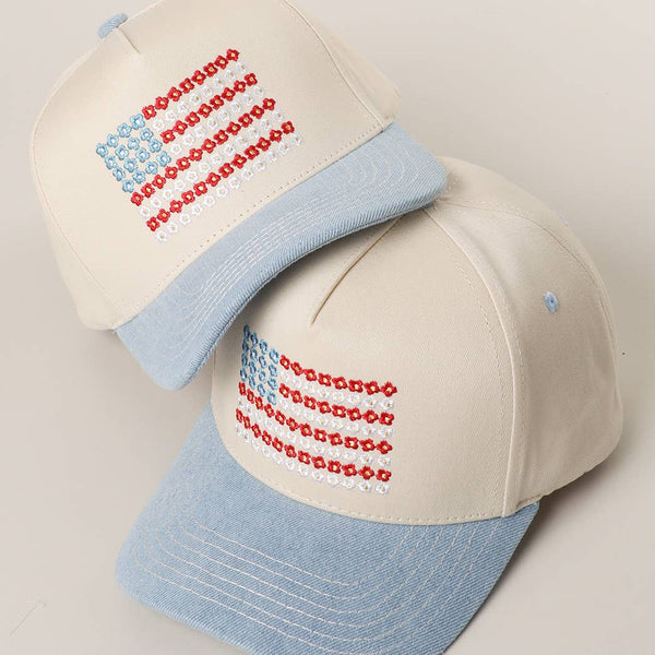 Floral American Flag Embroidered Trucker Hat