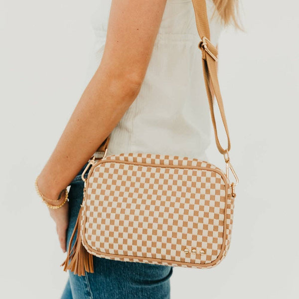 Woven Willow Camera Crossbody Bag - Checkered Tan