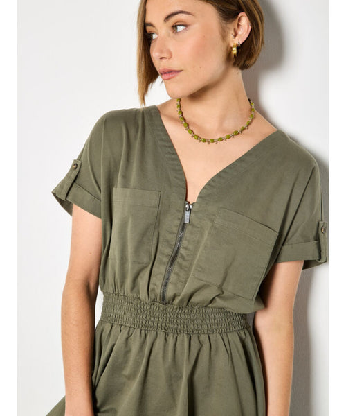 Mary Zip Detail Mini Dress - Khaki