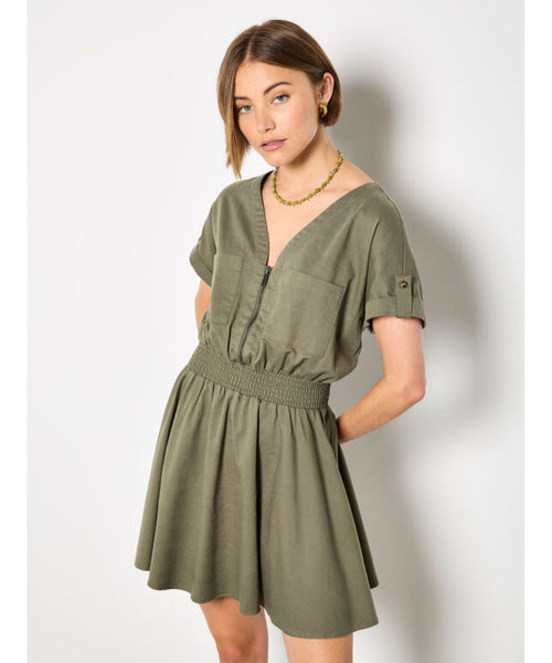 Mary Zip Detail Mini Dress - Khaki