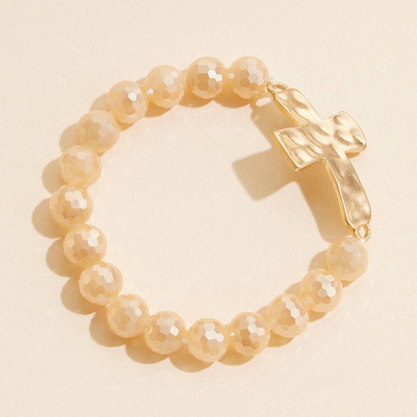 Glass Beaded Bracelet w/Chunky Cross  - Champagne