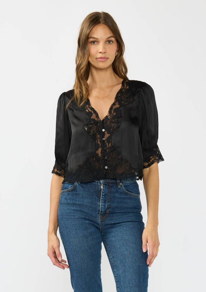 Shari Button Front Blouse with Lace Trim - Black