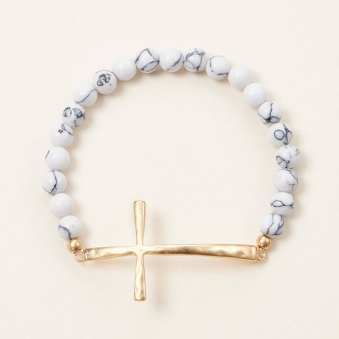 Metal Cross & Stone Stretch Bracelet - Grey/White