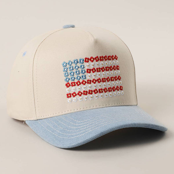 Floral American Flag Embroidered Trucker Hat