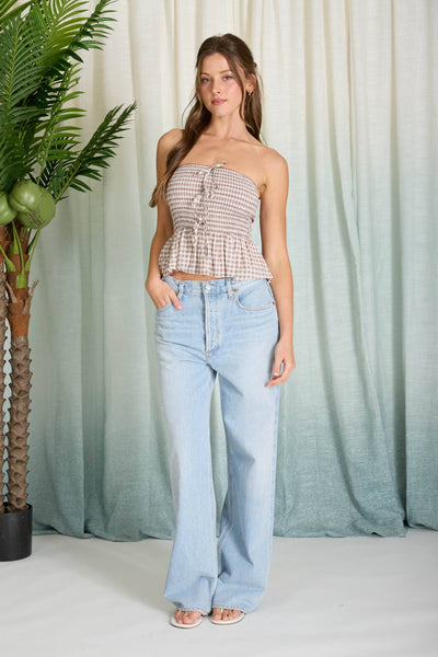 Sophia Plaid Strapless Ruffle Hem Top