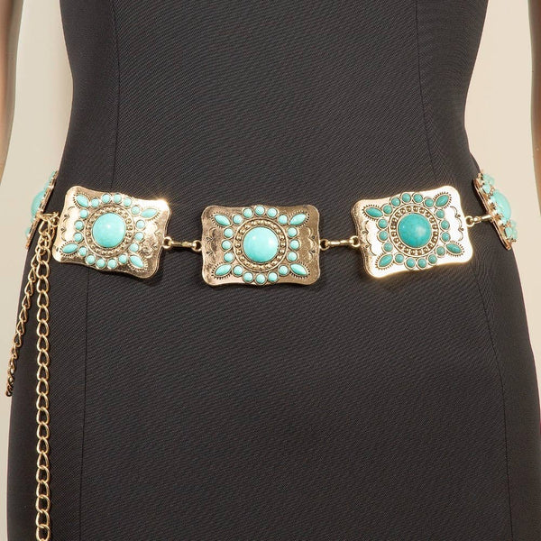Dutton Turquoise Studded Rectangle Concho Chain Belt - Gold