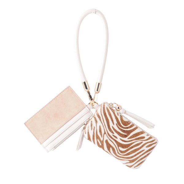 Genuine Leather Wristlet & Card Holder Set: Beige/Zebra