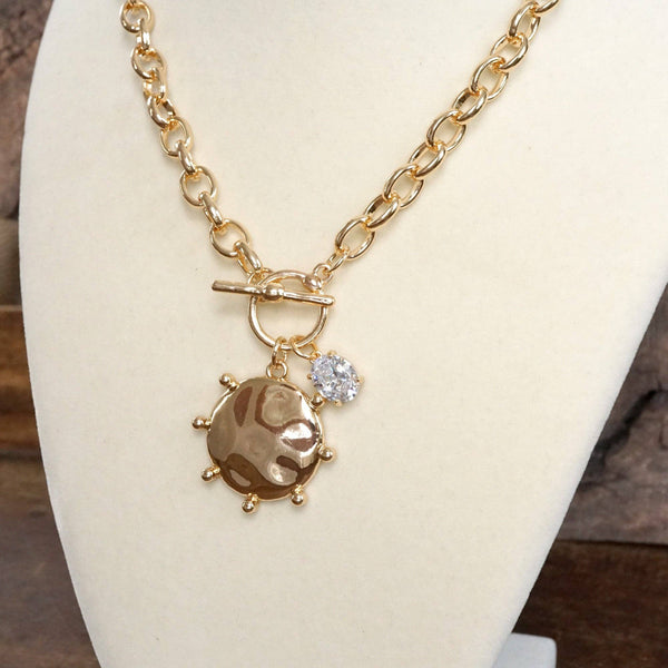 Toggle Hammered Coin & Crystal Charm Necklace
