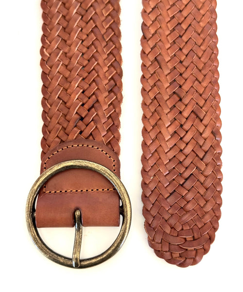 Wide Braided Leather Belt - Cognac