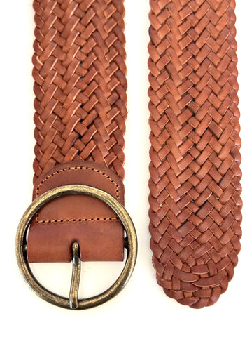 Wide Braided Leather Belt - Cognac