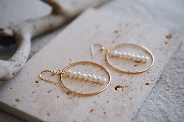 Hepburn Pearl & Gold Beaded Drop Hoop Earrings : Freshwater Pearls