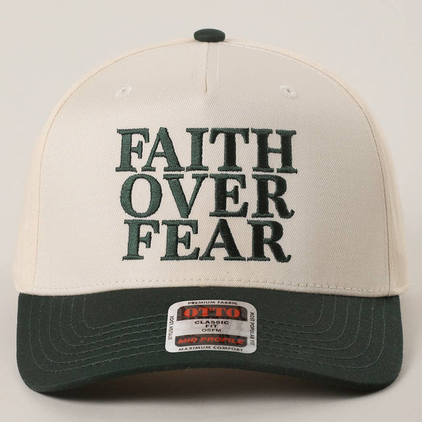 FAITH OVER FEAR Embroidered Trucker Hat - Dark Green/Natural